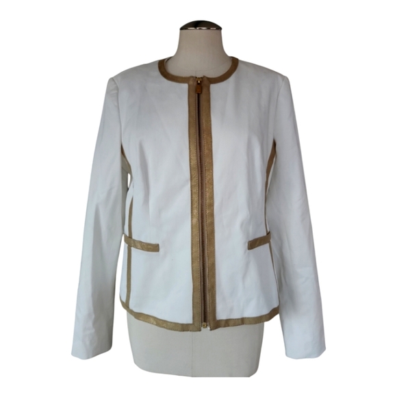 Michael Kors Womens Cream White Gold Leather Trim Suit Jacket Blazer Sport 12 - Picture 1 of 10